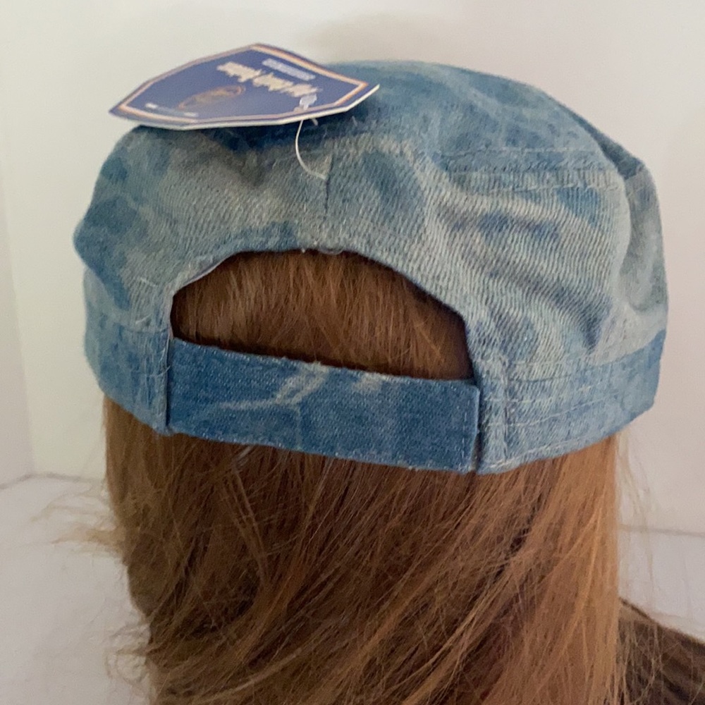 Rhinestone Bling Cadet Cap ROSE Motif Blue Denim - Picture 5 of 9